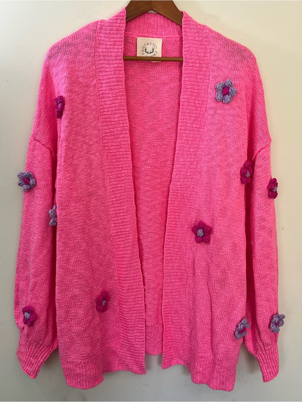 Fantastic Fawn Chunky Pink Floral Cardigan Open Front Knit Sweater Boho Size L